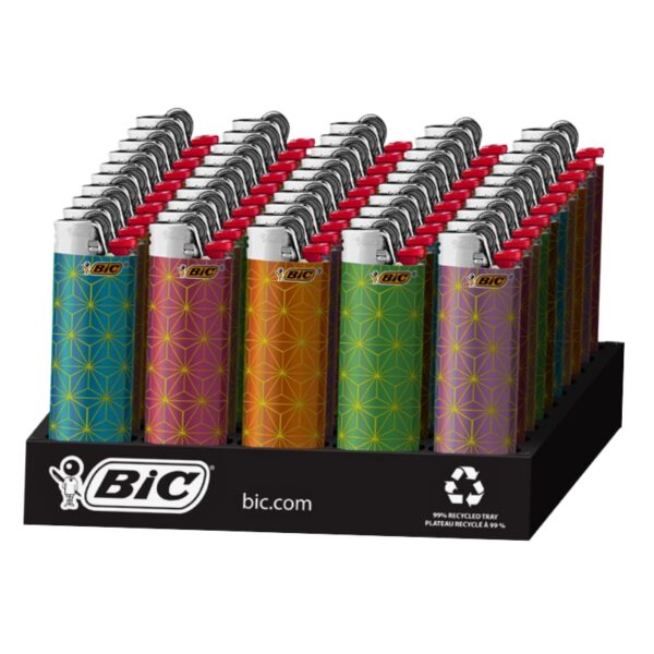 A BIC branded black plastic display stand holding multiple reusable refill lighters with colorful geometric patterns in blue, pink, orange, green, and purple, shown on a white background.
