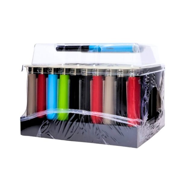 A BIC branded black plastic display tray holding multiple BIC lighters in assorted colors including beige, red, blue, green, black, and purple, set against a plain white background.