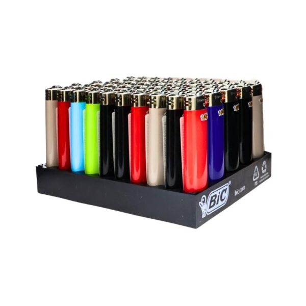 A BIC branded black plastic display tray holding multiple BIC lighters in assorted colors including beige, red, blue, green, black, and purple, set against a plain white background.