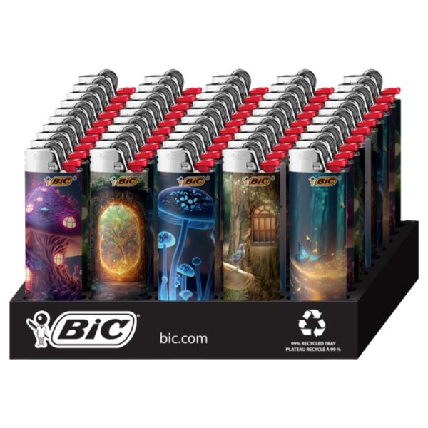 A BIC branded display stand holding multiple BIC lighters with colorful fantasy-style printed bodies and red tops, photographed on a white background.