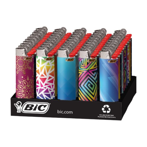 A BIC branded display stand holding multiple disposable lighters with colorful geometric and floral patterns, shown on a white background.