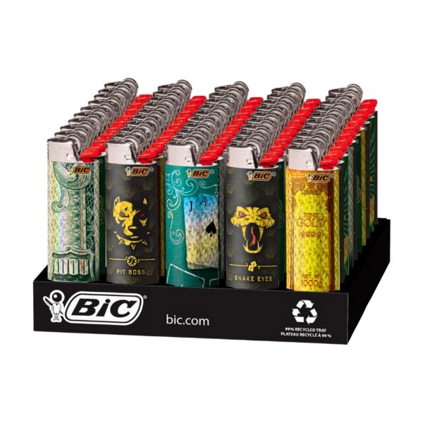 A BIC branded display stand holding multiple novelty lighter bottles with colorful printed labels and red caps, shown on a plain white background.