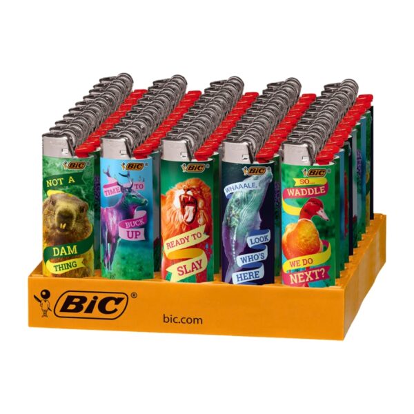 A BIC branded display tray holding multiple novelty lighter-shaped items with colorful animal and cartoon illustrations and red flip-top caps, photographed on a white background.