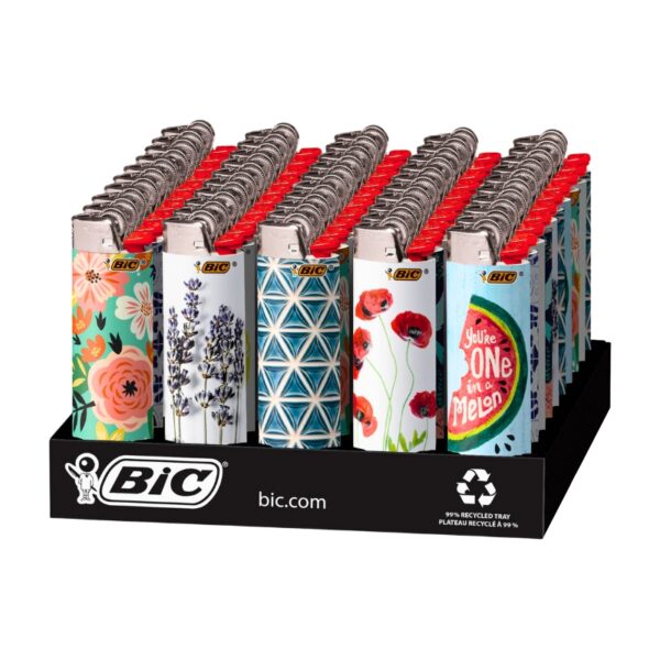 A BIC branded display tray holding multiple reusable patterned lighter-style bottles with red tops, shown on a white background.