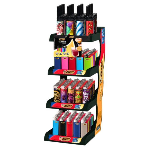 A BIC branded multi-tier retail display stand filled with assorted BIC lighters in various colors and designs, photographed against a plain white background.