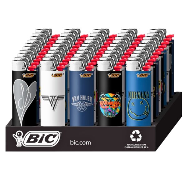 A BIC lighters display stand holding multiple BIC lighters with different graphic designs, including Van Halen, Nirvana, and Smiley Face, on a white background.