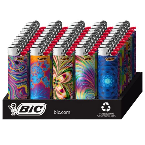 A BIC plastic lighter display tray holding multiple BIC lighters with colorful psychedelic swirl patterns on the bodies and red tips, shown on a white background.