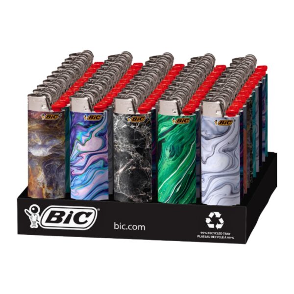 A BIC retail display stand holding multiple BIC lighters with different marbled and swirled patterns in blue, green, purple, black, and white, with red tips visible on top.