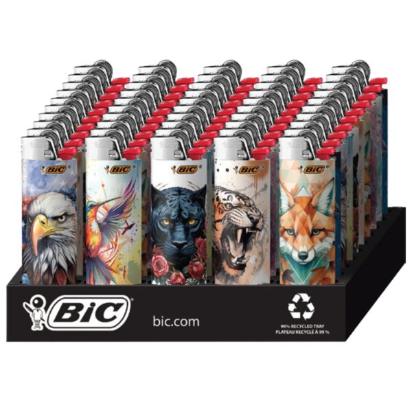 A BIC retail display tray holding multiple BIC lighters with different illustrated designs, including a bald eagle, a bird, a panther, a tiger, and a fox, on a white background.