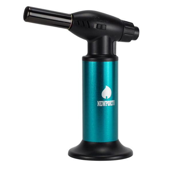A NewPoke handheld torch lighter with a metallic teal body and black nozzle/base, shown on a plain white background.