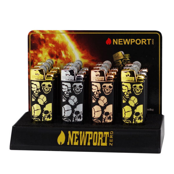 A Newport Zero branded display stand holding six custom pocket lighter sets in black, silver, and rose gold, featuring skull and grenade designs on a black background with a fiery graphic on the back panel.