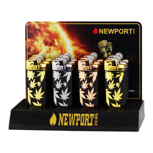 A Newport Zero lighter display stand showing six lighter cases in black, gold, rose gold, and silver, each decorated with a cannabis leaf pattern. The display features a fiery graphic background and the Newport Zero branding.