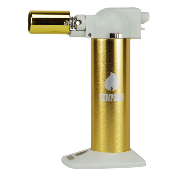 A Newporte torch lighter with a brushed gold body and white plastic accents, shown on a plain white background.