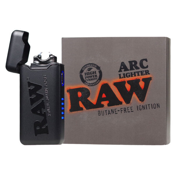 A RAW Arc Lighter battery-powered ignition device shown next to its gray packaging box on a white background.