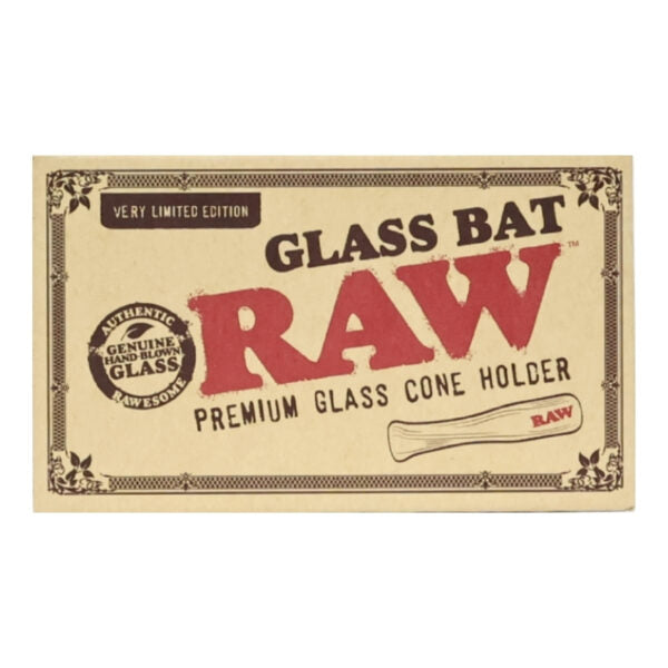 A RAW brand 'Glass Bat' premium glass cone holder packaging, featuring a vintage-style tan label with red and black text and a small illustration of the glass holder.