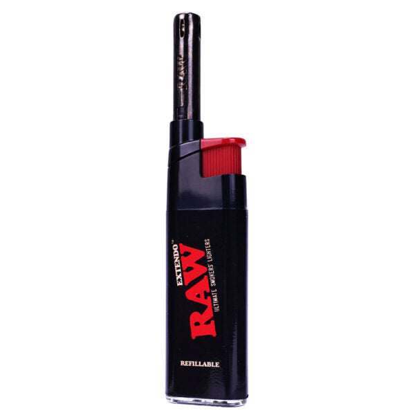 A RAW brand refillable torch lighter in black with red accents, shown on a plain white background.