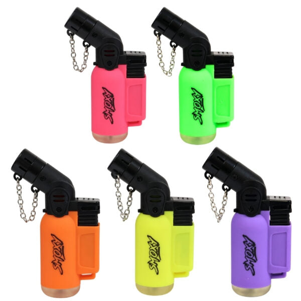 Set of colorful butane lighters with chains on a white background