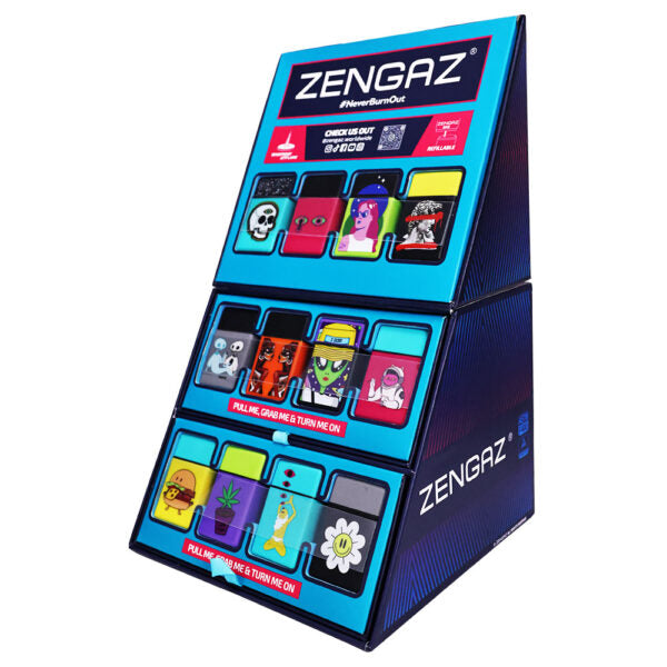A ZENGAZ branded retail display stand showcasing various colorful lighters. The display features three tiers with different cartoon and lifestyle lighterss, including a skull, a horse, a frog, a burger, and a flower, set against a plain white background.