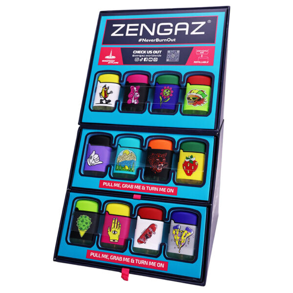 A Zengaz 'Never Burn Out' lighter set in a blue and black carrying case, featuring multiple colorful lighter packs with various graphic designs.