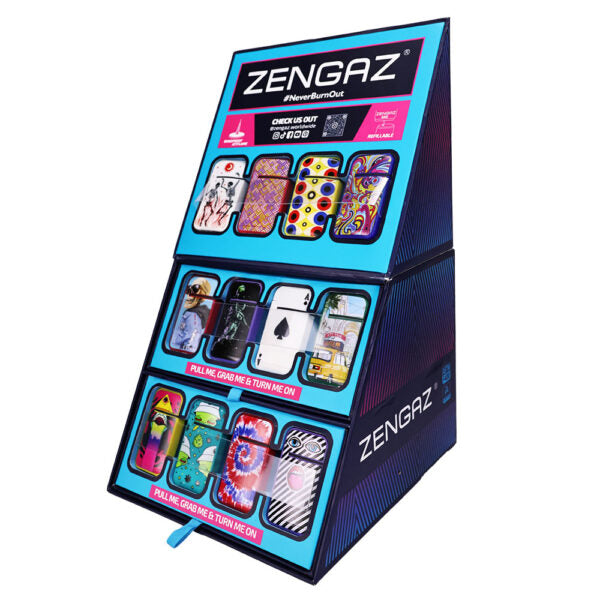 A Zengaz branded retail display stand showcasing various colorful lighters. The display features multiple slots showing different patterned lighters, including mandala, polka dot, and abstract designs.