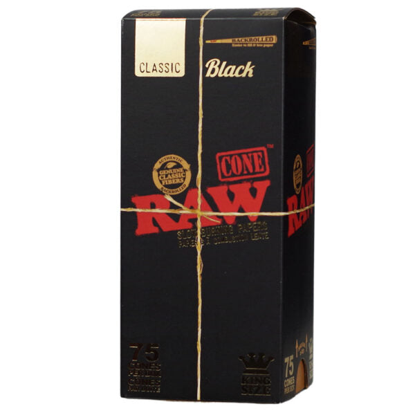 A black RAW Cone 7.5 rolling paper pack with gold and red branding, wrapped in a thin gold string, on a white background.