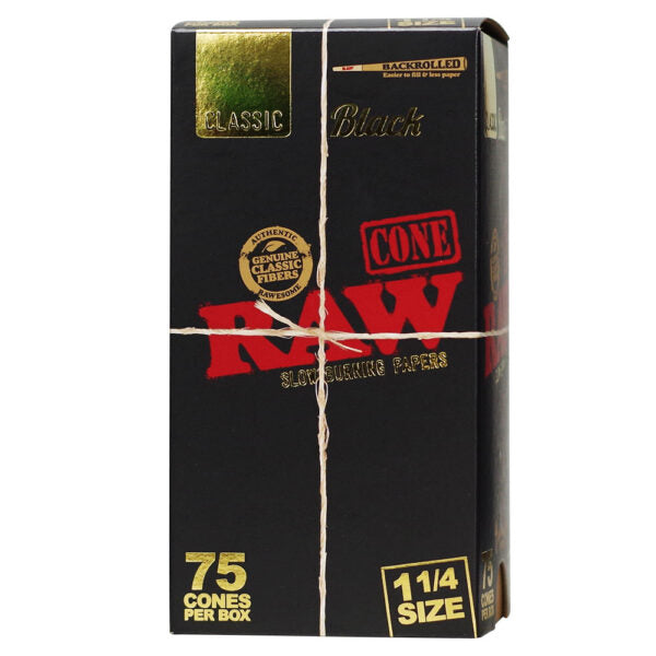A black RAW brand cone packaging box with gold and red text, wrapped with twine, on a white background.