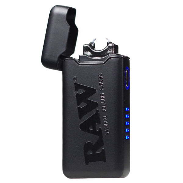 A black RAW brand electronic rolling device with its lid open, featuring embossed branding and blue LED indicator lights on the side, set against a plain white background.