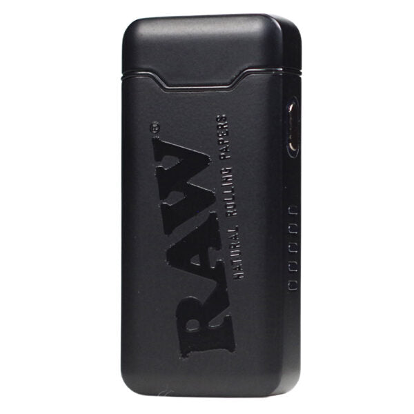 A black RAW brand rolling case with a matte finish, featuring a large embossed logo and vertical text reading 'RAW ROLLING CASE' on a plain white background.