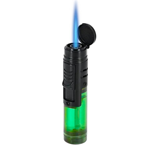 A black and green torch lighter with a blue flame ignited, shown against a plain white background.