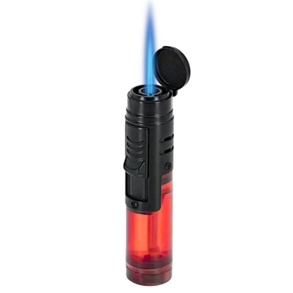 A black and red cylindrical torch lighter with a blue flame ignited and the black cap open, shown against a plain white background.