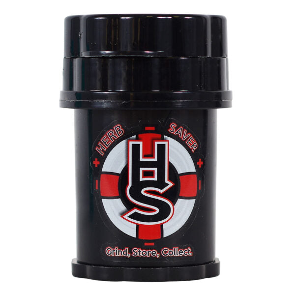 A black cylindrical Herb Saver herb grinder container with a white, red, and black logo on the front, set against a plain white background.
