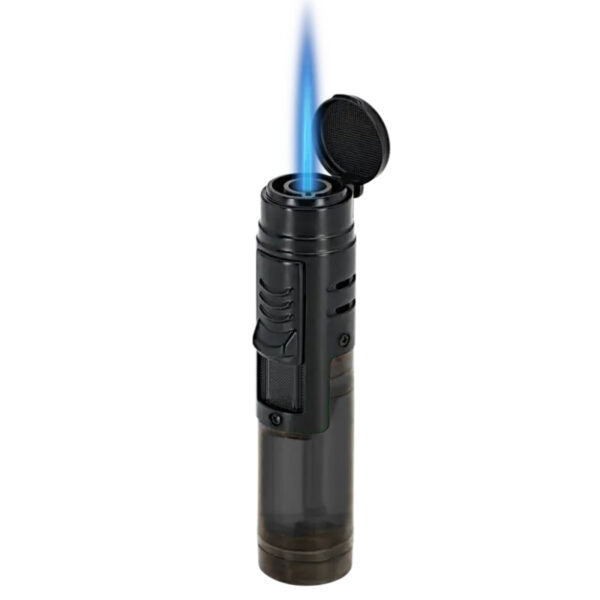 A black cylindrical torch lighter with a blue flame ignited and the black cap open, shown against a plain white background.