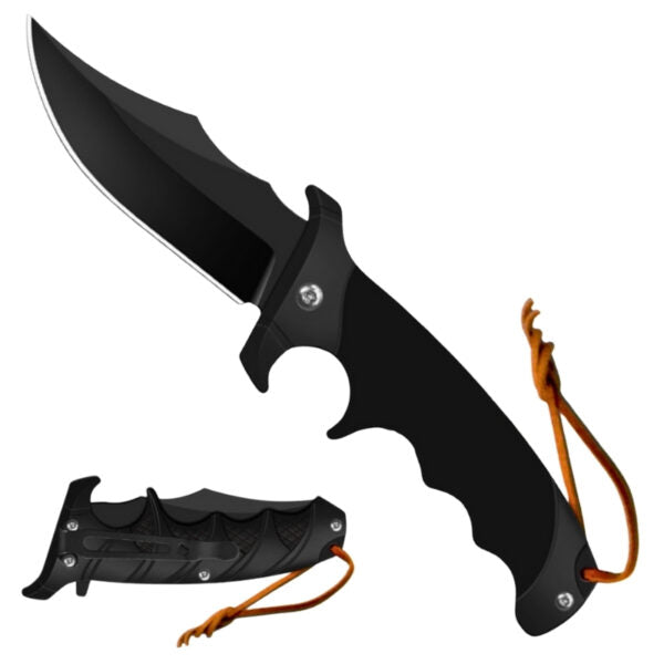 A black fixed-blade knife with a curved black handle and a bright silver edge on the blade, shown alongside its matching black sheath with an orange cord. The background is solid white.