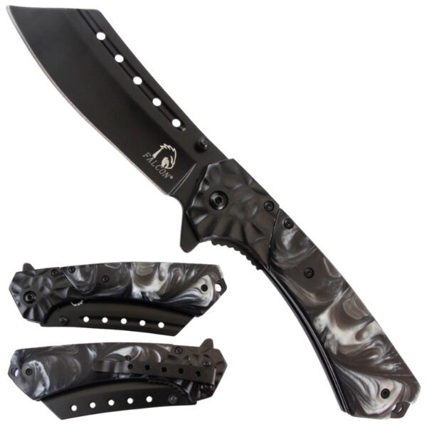 A black fixed-blade knife with a marbled black and gray handle, shown open with two matching black and gray sheaths on a plain white background.