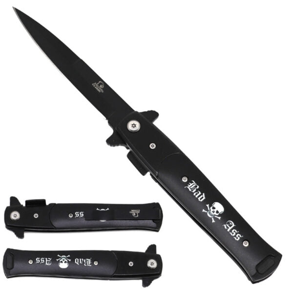 A black folding pocket knife shown open and closed on a plain white background. The knife features white skull and crossbones graphics and the text 'Rad 55' on the handle.
