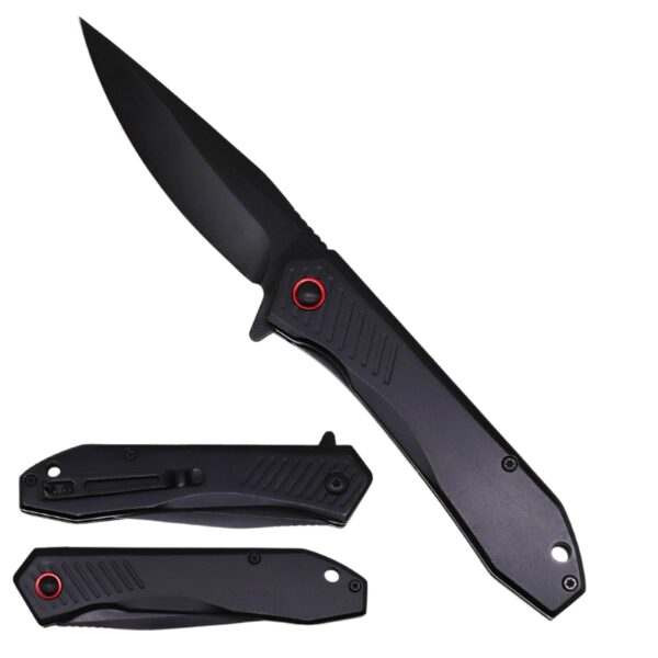 A black folding pocket knife shown open, with two additional closed views below it, all on a plain white background.