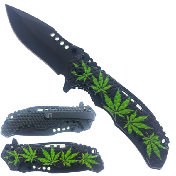 A black folding pocket knife with green cannabis leaf inlays on the handle, shown open with two additional views of the closed knife below on a white background.