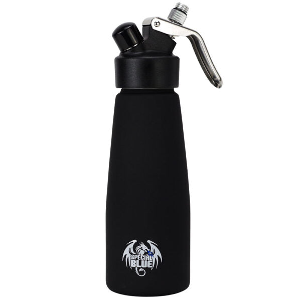 A black insulated whipped cream dispenser bottle with a silver metal trigger sprayer and a white 'Special Blue' dragon logo near the bottom, shown on a plain white background.