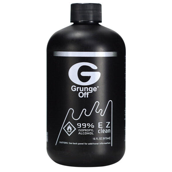 A black plastic bottle of Grunge Off 99% Isopropyl Alcohol Isolate Clean, featuring a black cap and a white label with a prominent 'G' logo.