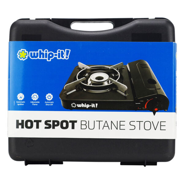 A black portable butane stove shown inside its black carrying case with a blue and white label. The label features the 'whip-it!' brand logo and the text 'HOT SPOT BUTANE STOVE' along with an image of the stove.