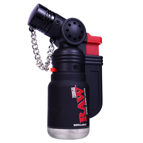 A black refillable tactical torch lighter with a red trigger, a silver metal chain, and a clear plastic base, featuring the RAW brand logo on the side.