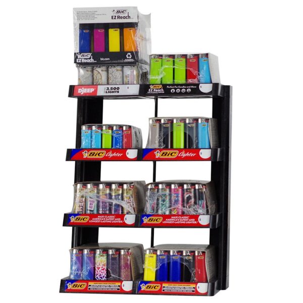 A black retail display rack filled with BIC Lighters, including a large lighter pack and assorted colorful lighter packs on a white background.