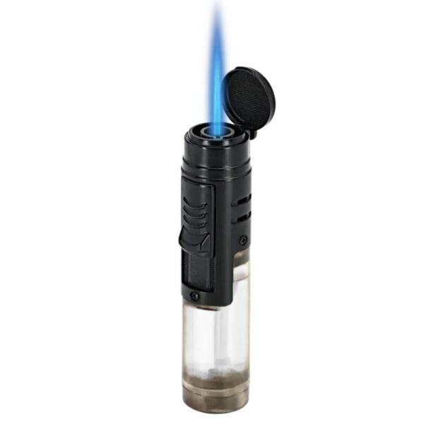 A black torch lighter with a clear glass fuel chamber and an open black lid, shown with a blue flame ignited against a plain white background.