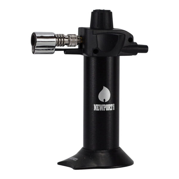 A black torch lighter with a silver metal nozzle, featuring the Newport brand logo printed in white on the front, set against a plain white background.