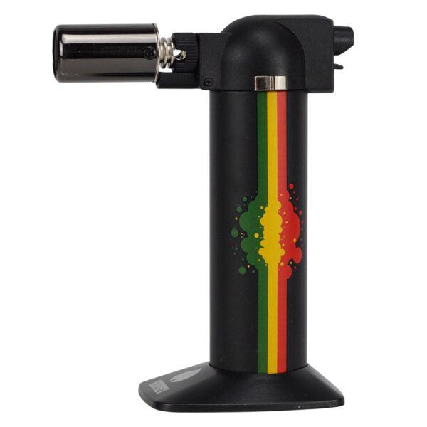 A black torch lighter with a vertical Rastafarian flag stripe pattern (green, yellow, red) on the handle, shown against a plain white background.