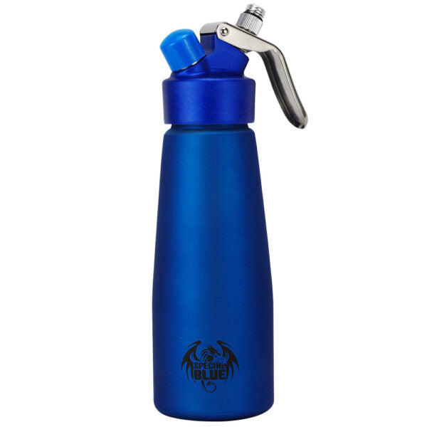 A blue Dispenser bottle with a metallic finish, featuring a blue cap, a silver metal pour spout, and a black dragon logo on the front.