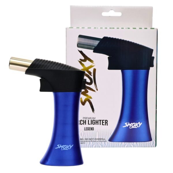 A blue and black Smokey torch lighter shown in front of its retail packaging box on a white background.