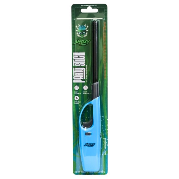 A blue and black portable fire starter stick by Smokey, packaged in a green blister card with a hanging tab, shown against a plain white background.