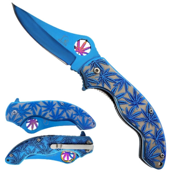 A blue folding pocket knife with a leaf-patterned handle and matching blade, shown open with two additional views of the closed knife below on a white background.