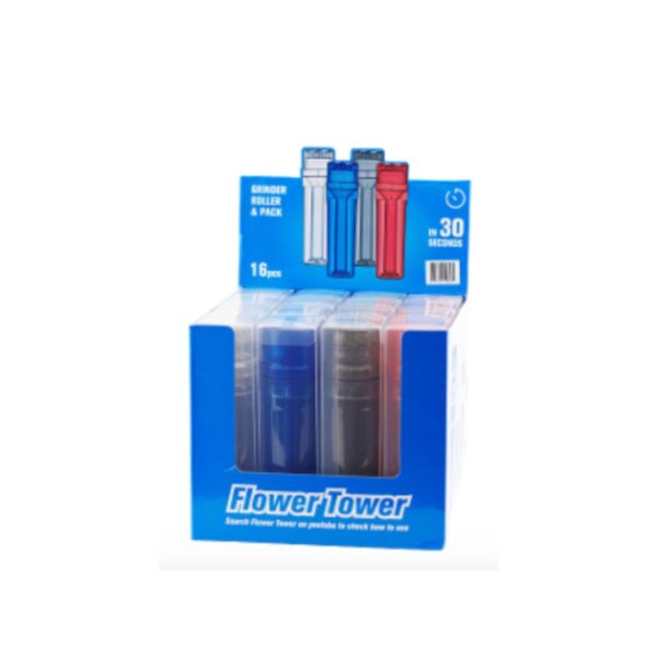 A blue retail display box containing multiple Flower Tower rolling mints, with the brand name 'Flower Tower' printed prominently on the front and a count of 30 mints visible.